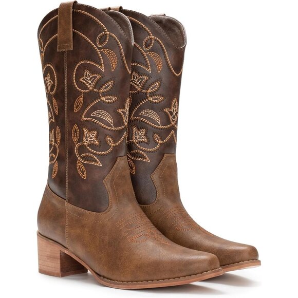 Women's Dark Brown Pointy Toe Faux Leather Western Cowgirl Mid Calf Boots - Picture 8 of 8